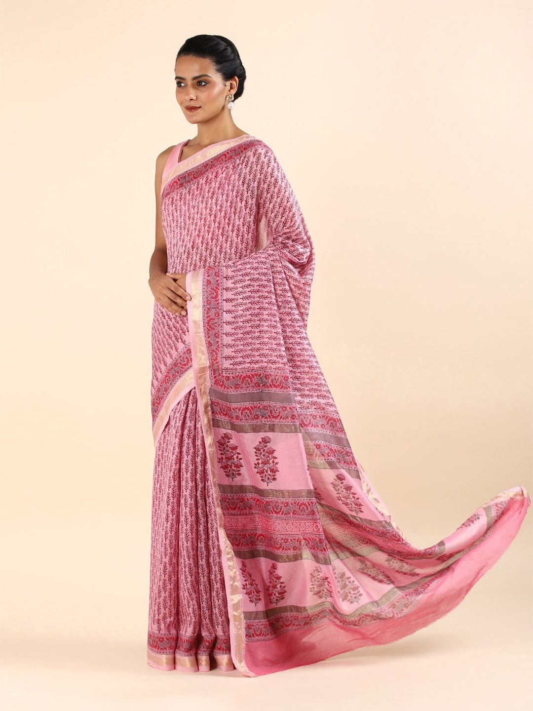 

Taneira Pink & Grey Floral Zari Silk Cotton Saree