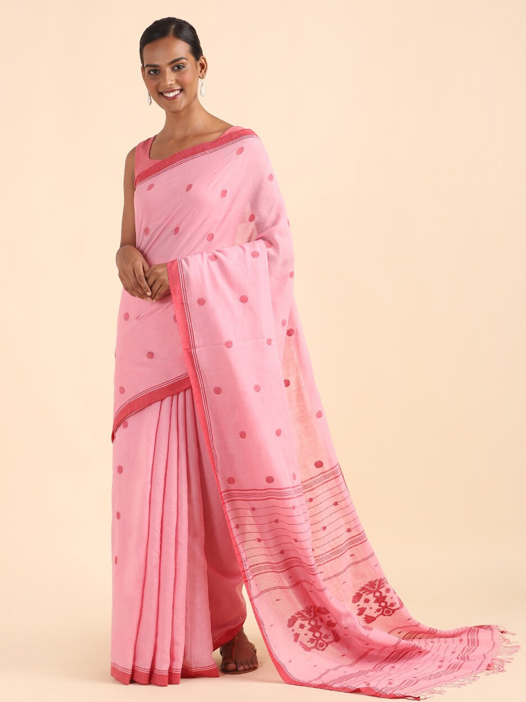 

Taneira Pink & Red Pure Cotton Jamdani Saree