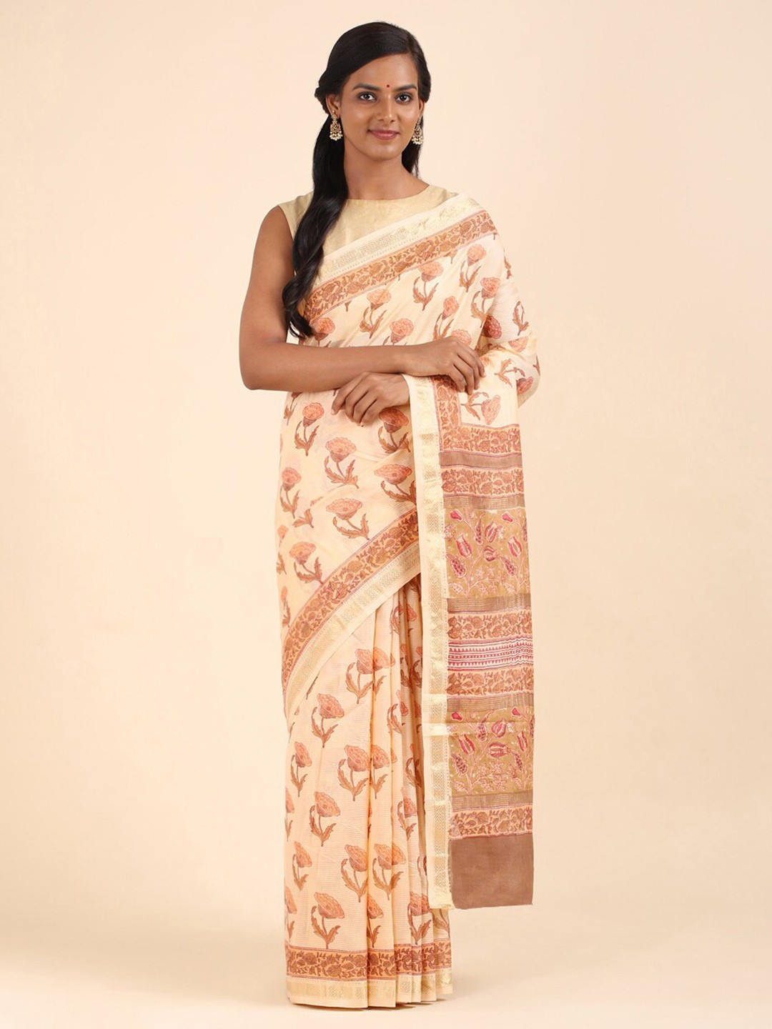 

Taneira Orange & Pink Floral Zari Silk Cotton Saree