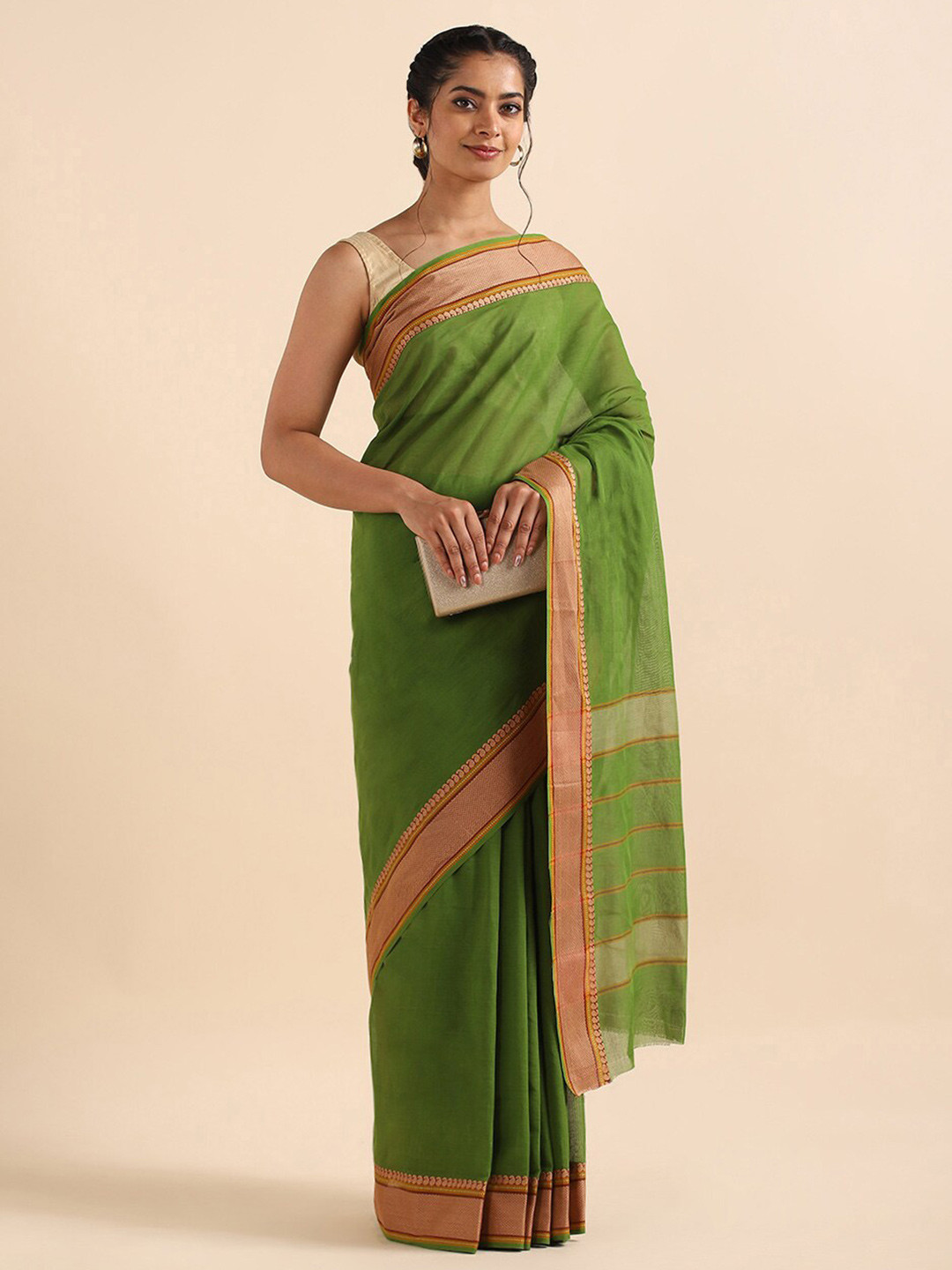 

Taneira Green & Red Paisley Zari Pure Cotton Saree