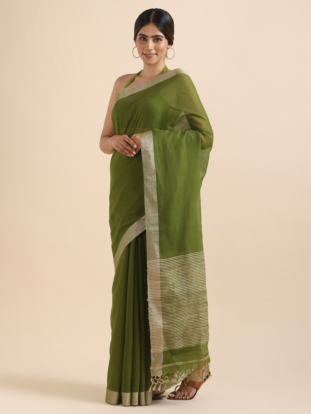 

Taneira Green & Off White Zari Pure Cotton Saree