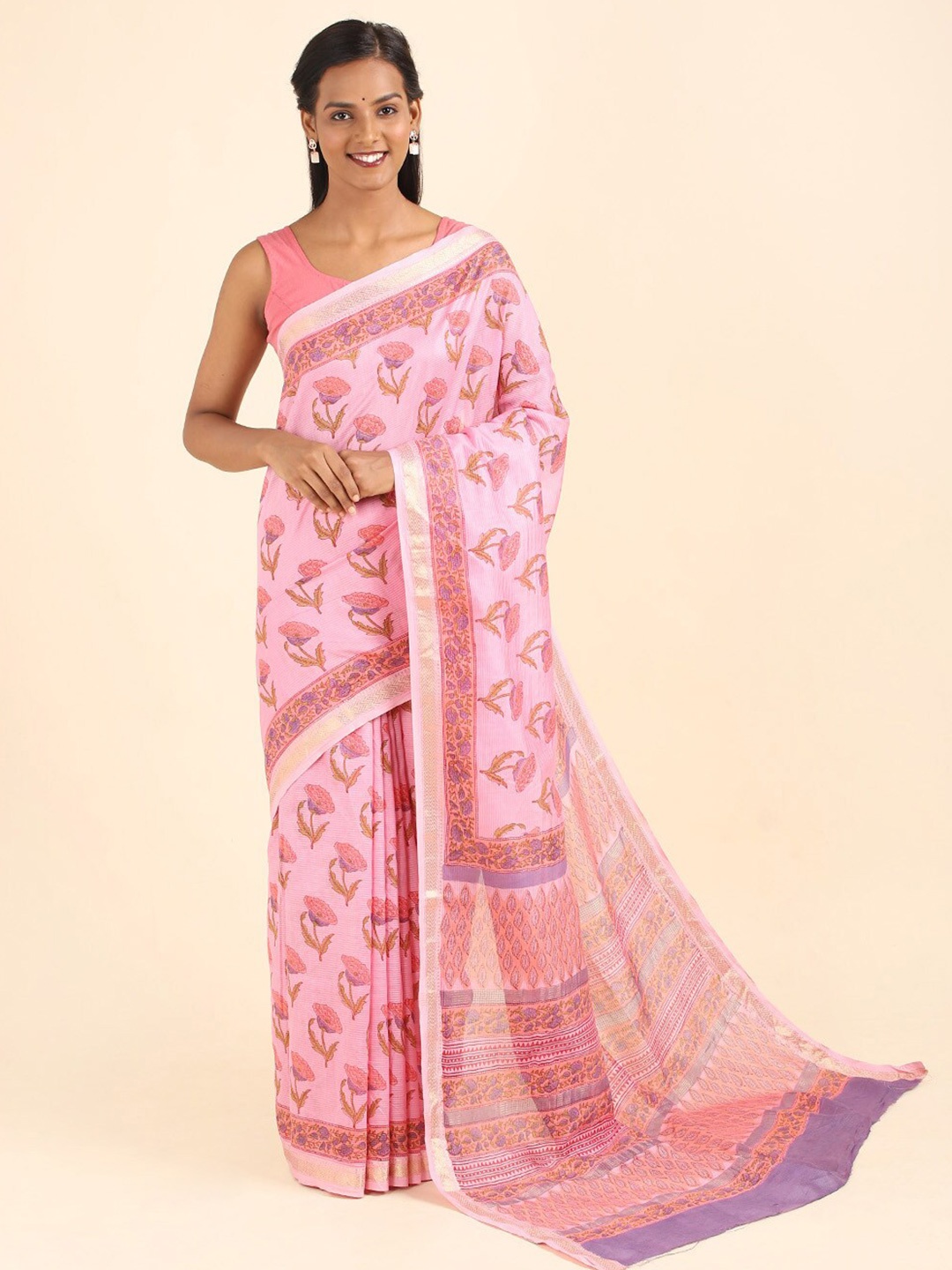 

Taneira Pink & Blue Floral Zari Silk Cotton Saree