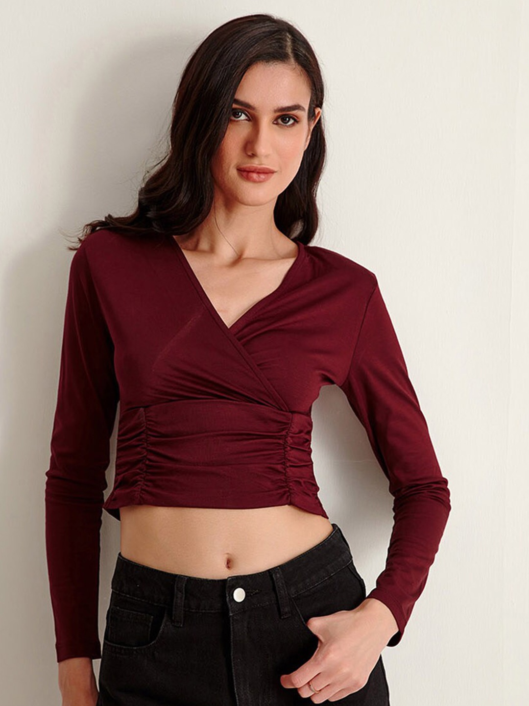 

COVER STORY Women Maroon Solid V-Neck Wrap Crop Top