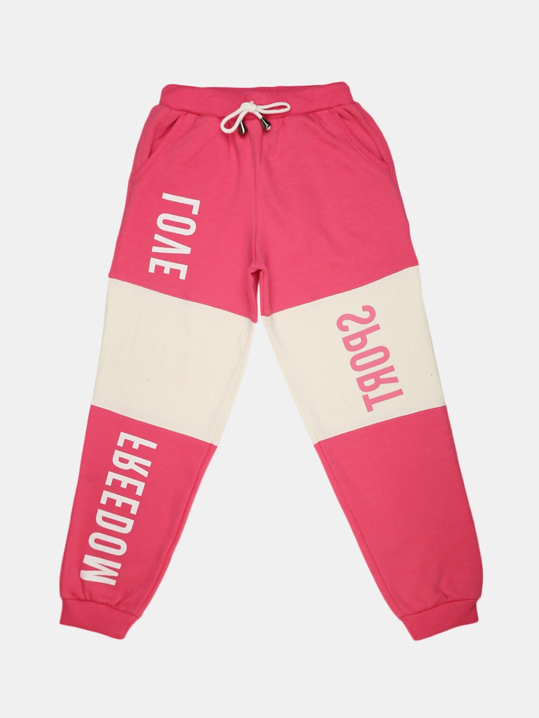 

V-Mart Girls Pink & Off White Colorblocked Fleece Joggers, Fuchsia