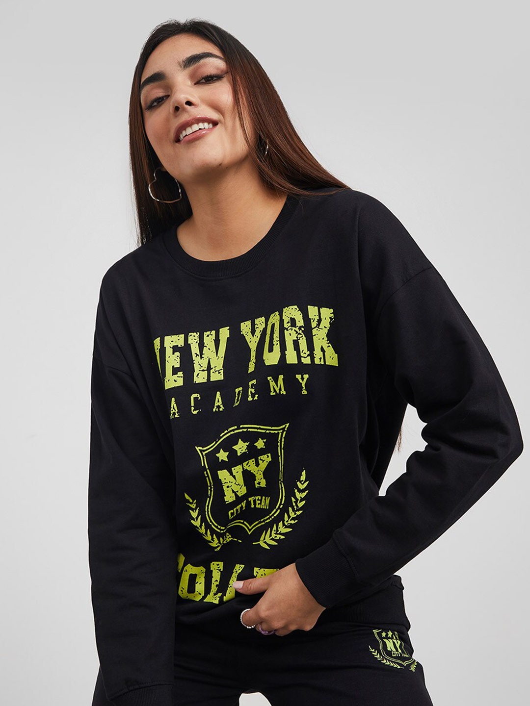 

Styli Women Black Typography Printed Cotton Sweatshirt