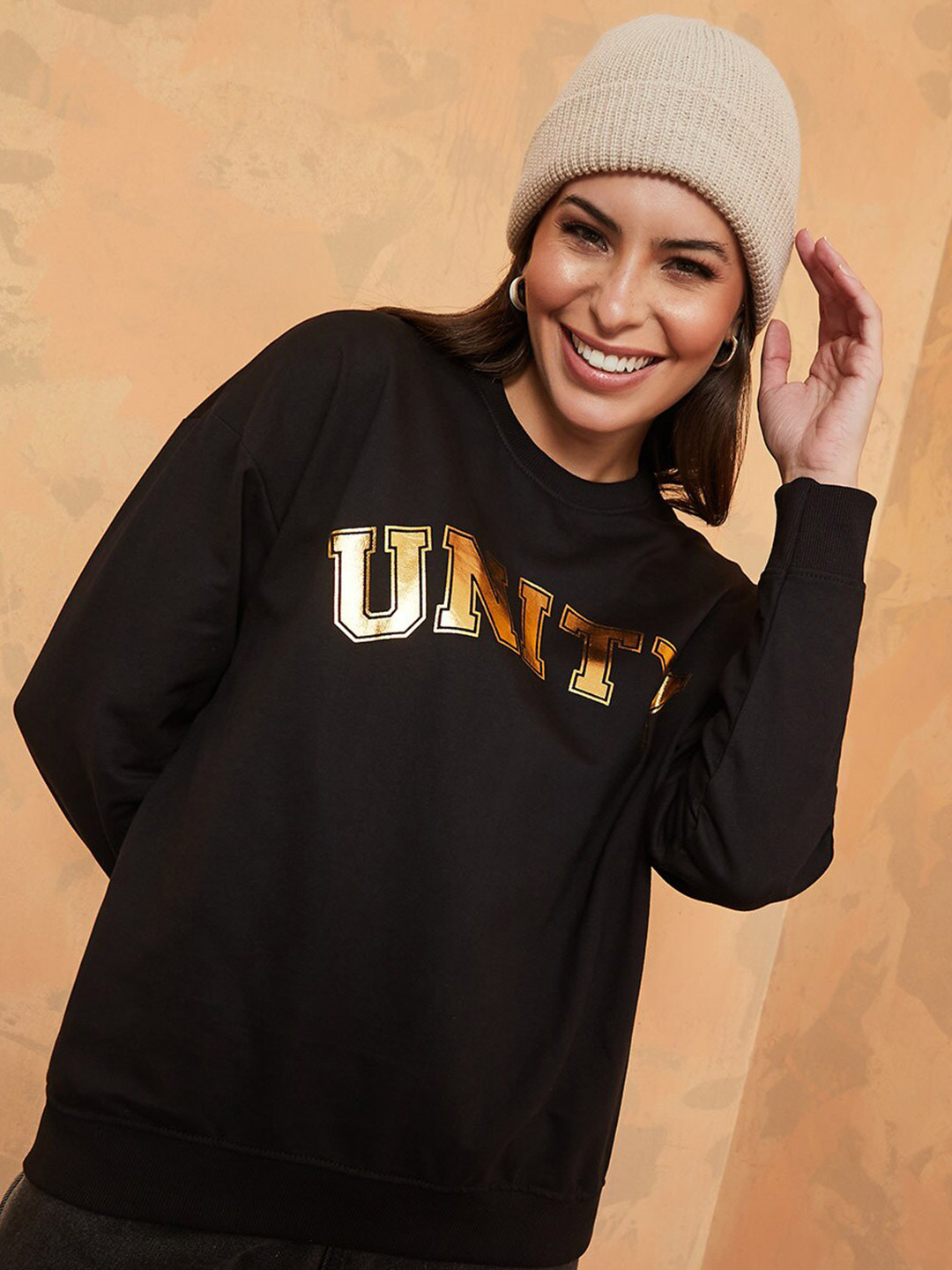 

Styli Women Black Typography Printed Sweatshirt