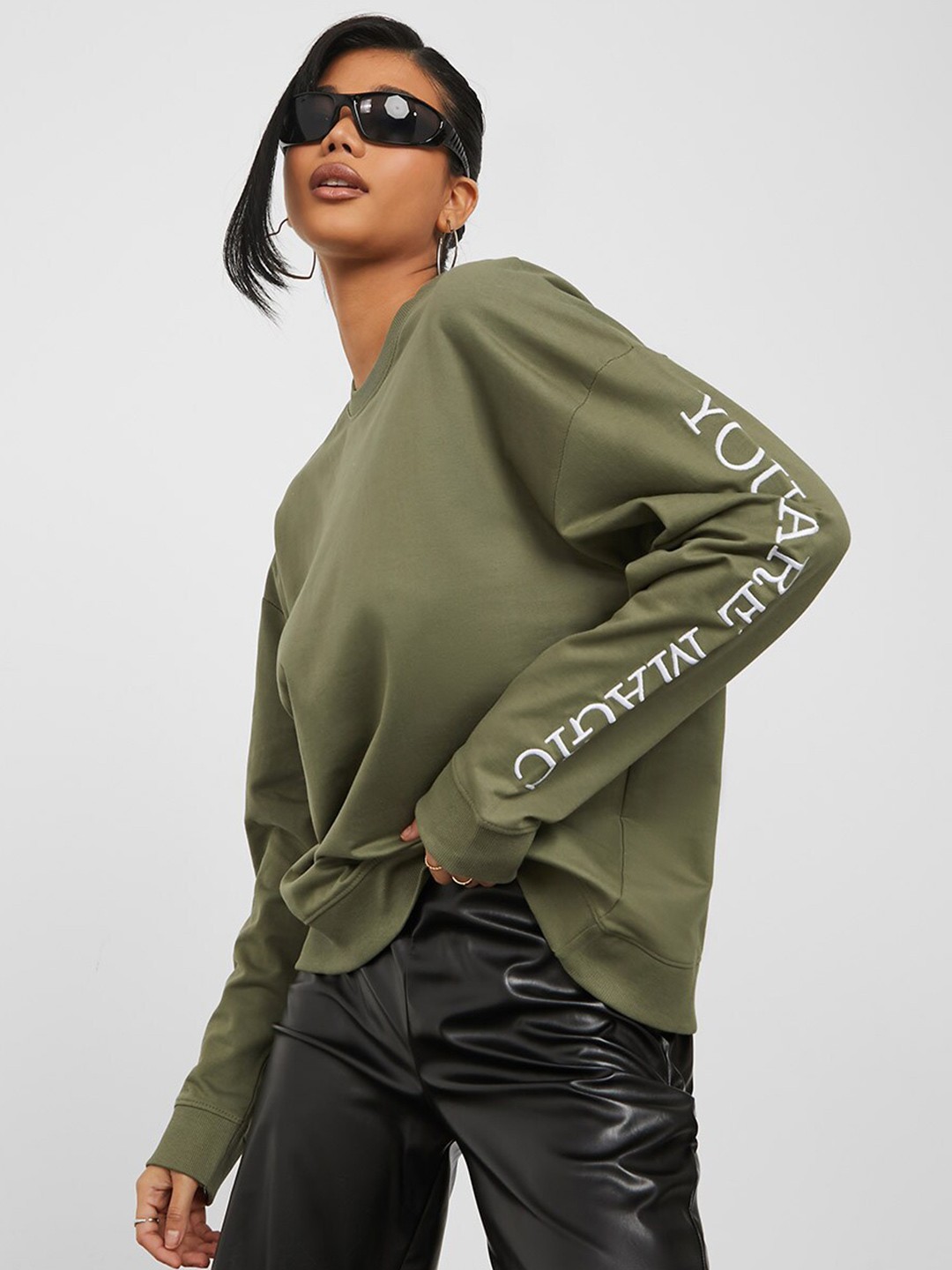 

Styli Round Neck Cotton Sweatshirt, Khaki