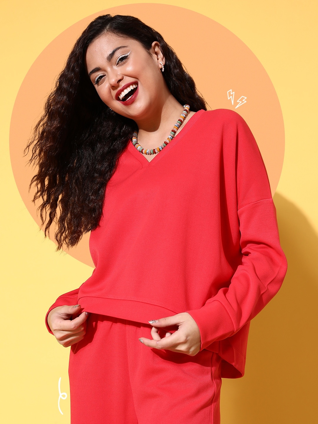 

SASSAFRAS Women Red Oversized Long Sleeves Top