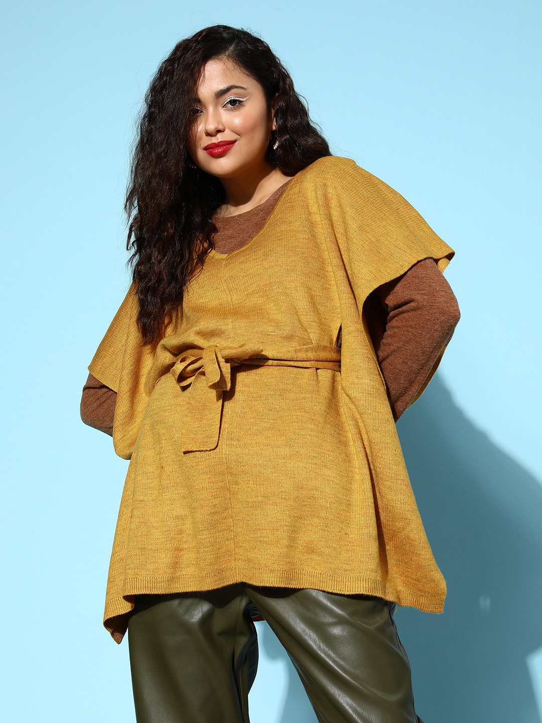 

SASSAFRAS Women Yellow Longline Poncho with Belted Detail