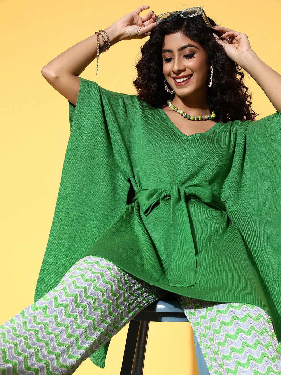 

SASSAFRAS Women Green Longline Poncho with Belted Detail