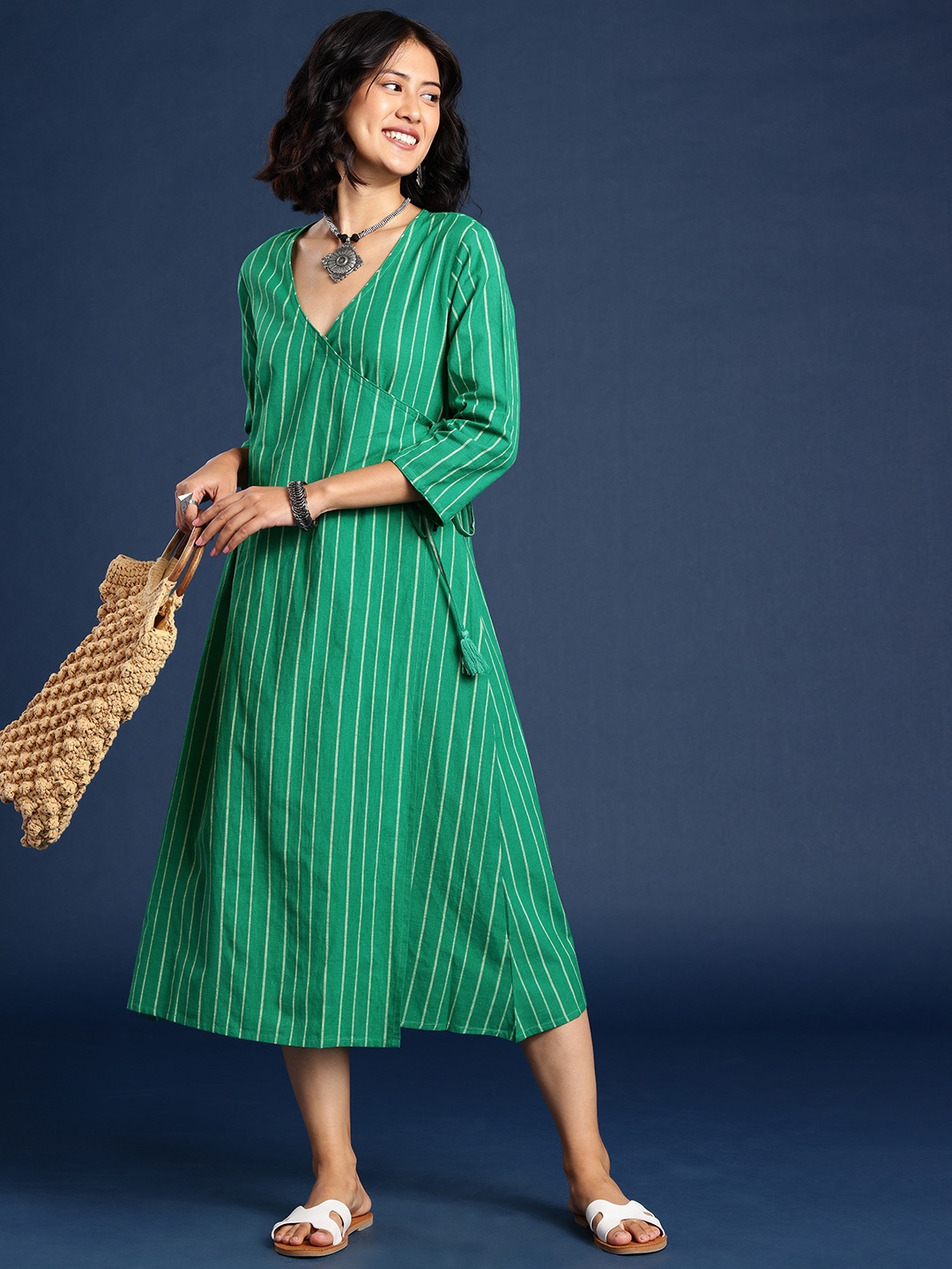 

Taavi Woven Legacy Pure Cotton Striped Midi Dress, Green