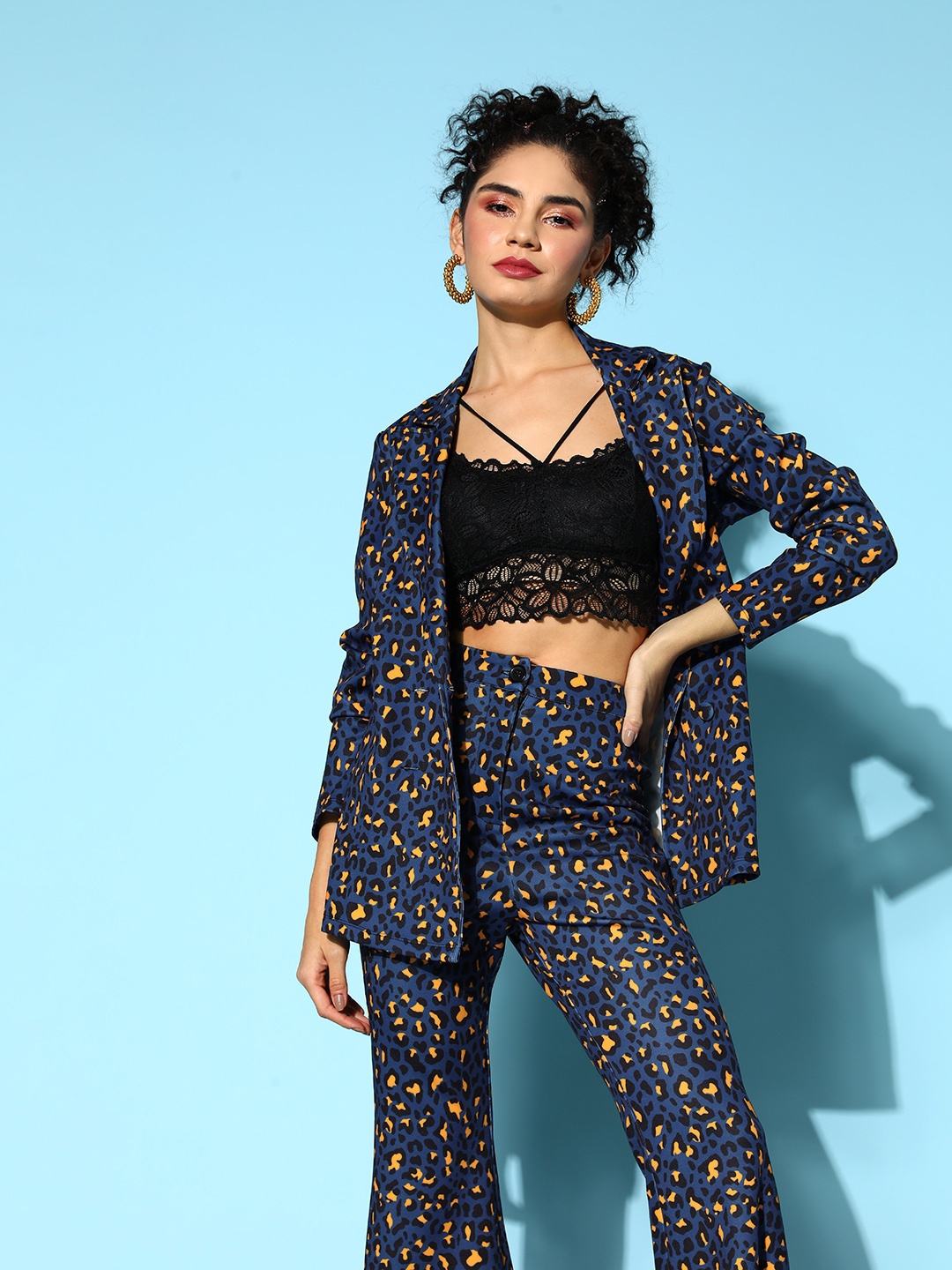 

SASSAFRAS Women Navy Blue Printed Double Breasted Blazer