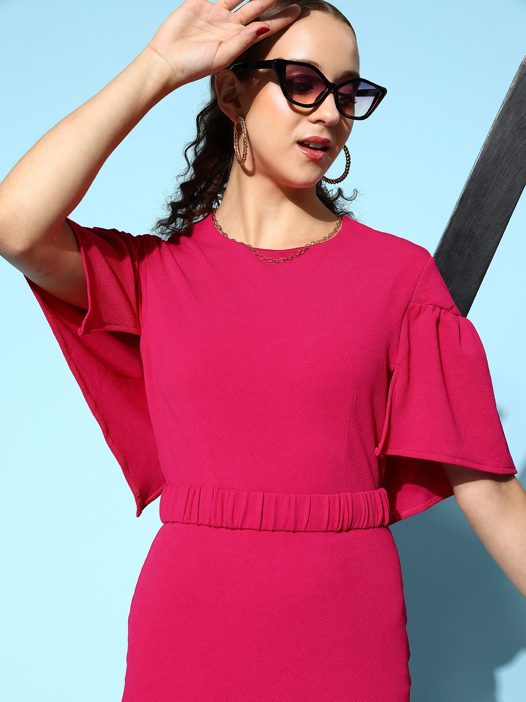 

SASSAFRAS Fuchsia Solid Sheath Midi Dress