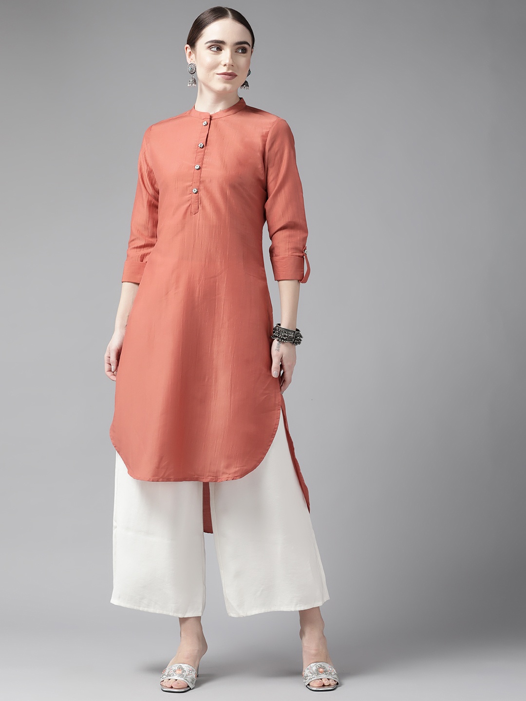 

Yufta Women Rust Orange Solid Pure Silk Pathani Kurta