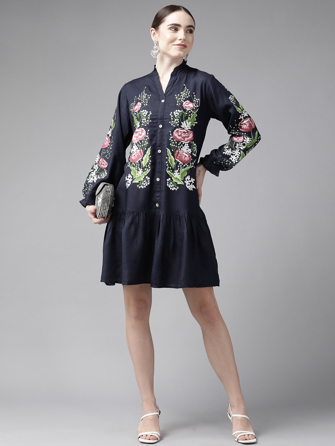 

Yufta Women Navy Blue & Green Floral Embroidered Drop-Waist Dress