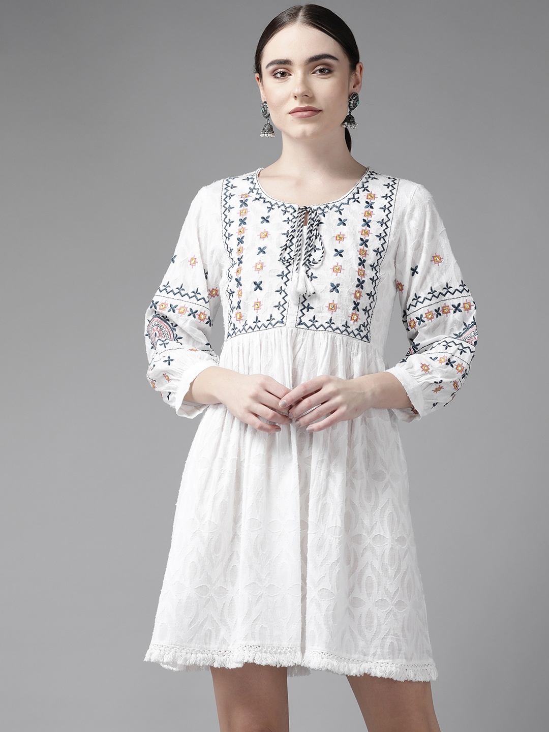 

Yufta Women White & Navy Blue Embroidered Pure Cotton A-Line Dress