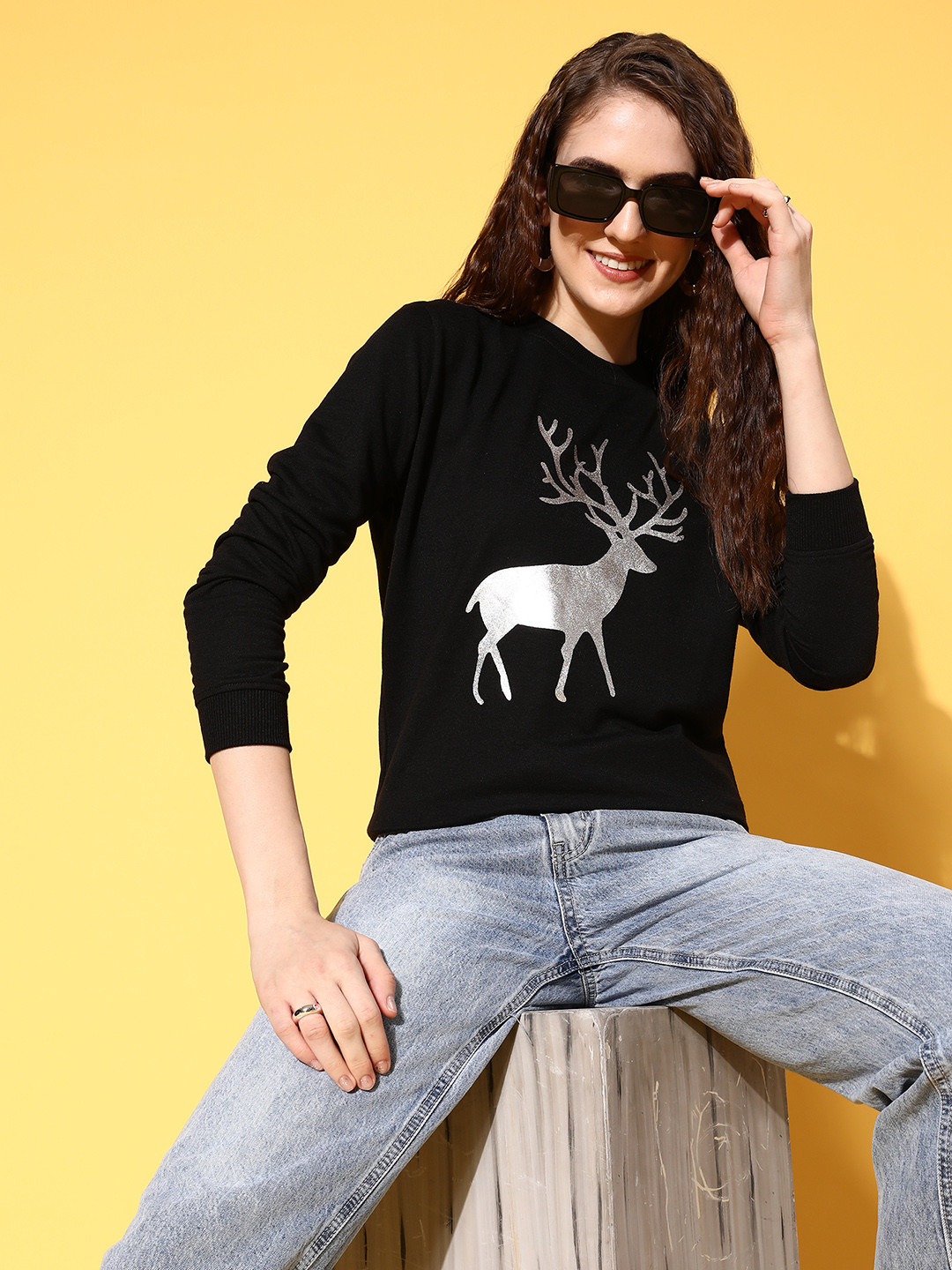 

SASSAFRAS Women Black & Silver-Toned Graphic Printed Sweatshirt