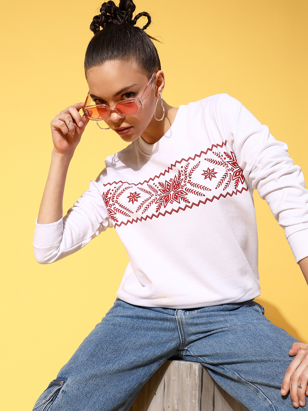 

SASSAFRAS Women White & Red Printed Sweatshirt
