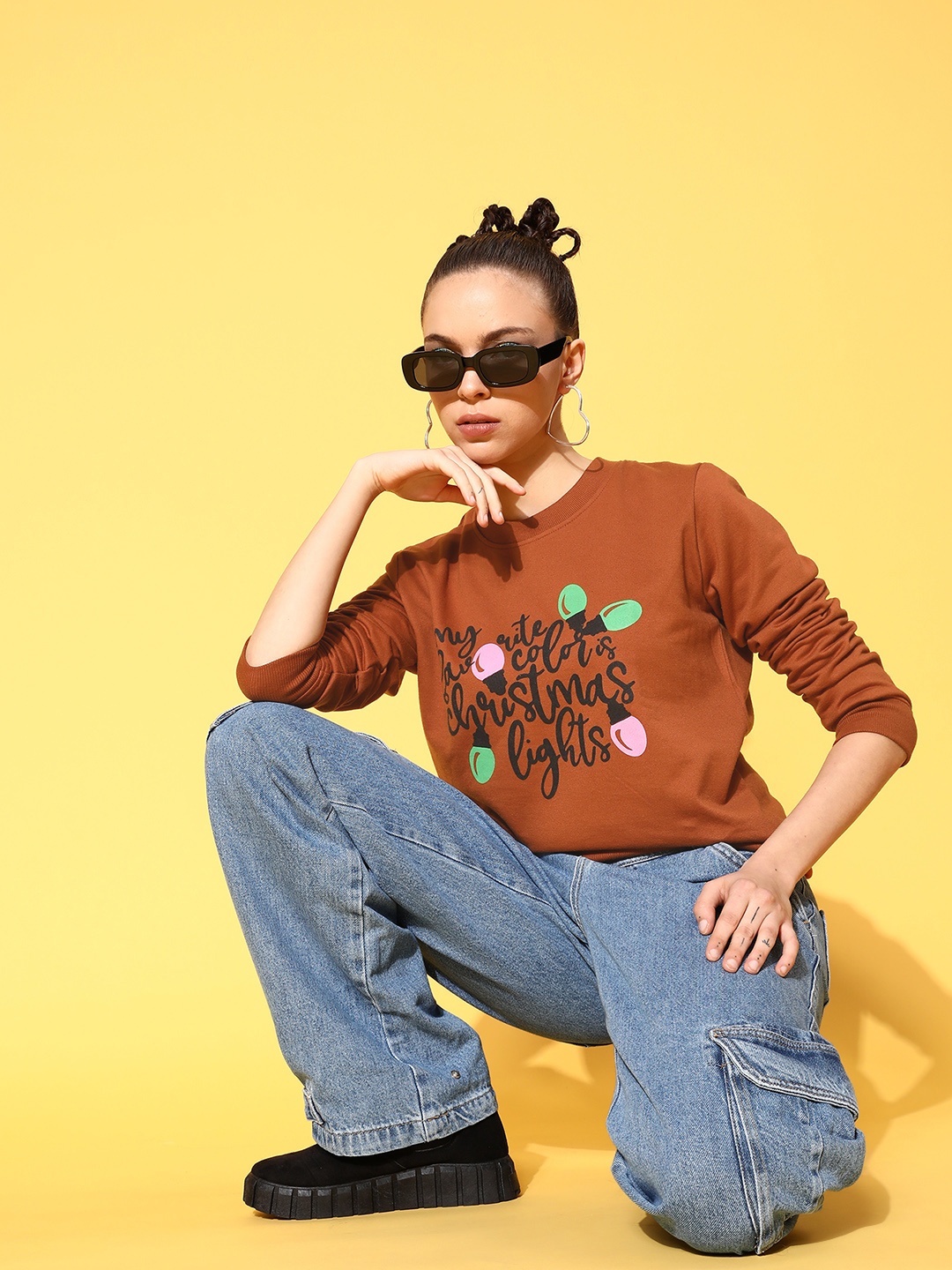 

SASSAFRAS Women Brown & Black Printed Sweatshirt