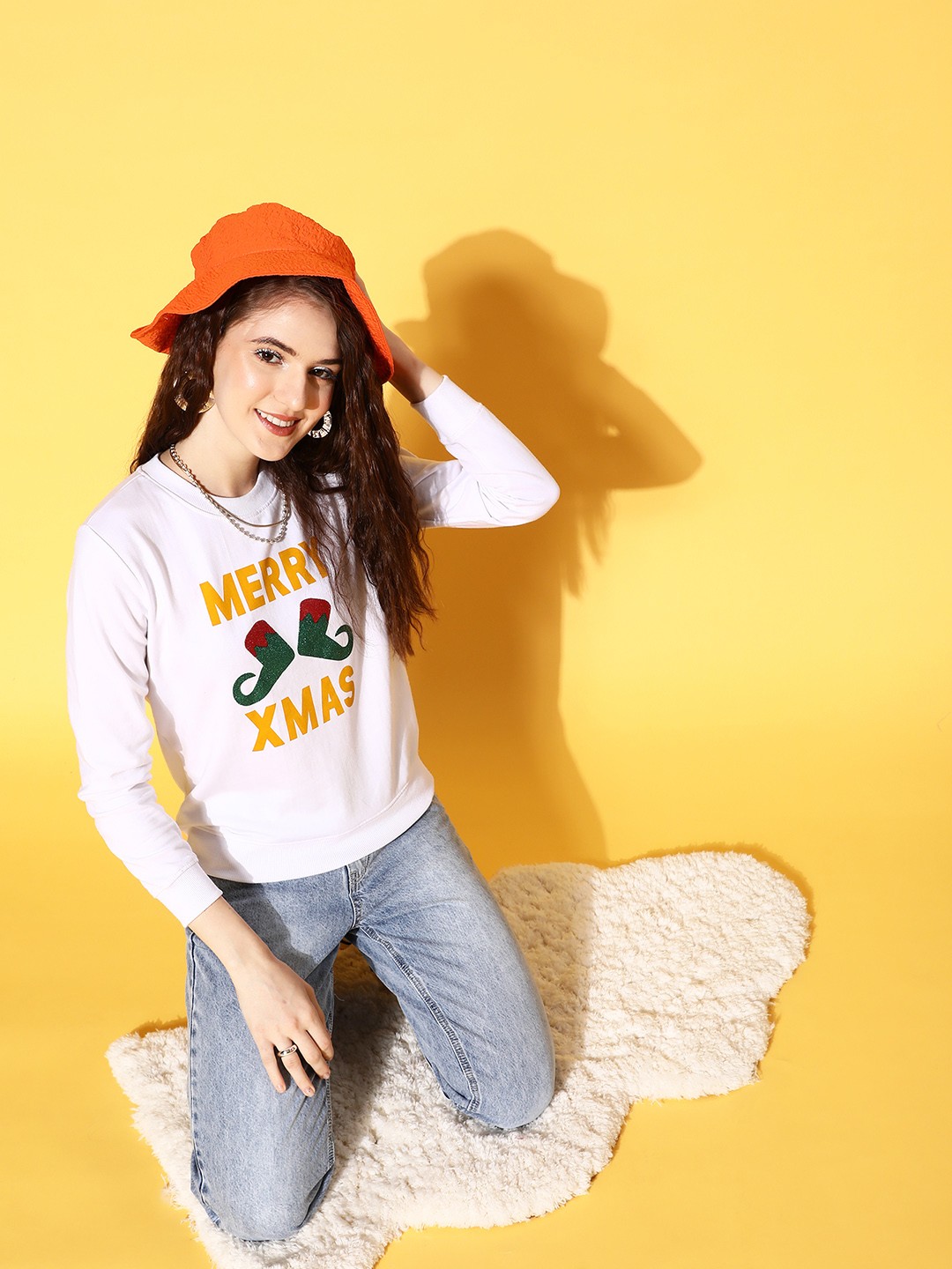 

SASSAFRAS Women White & Yellow Printed Sweatshirt