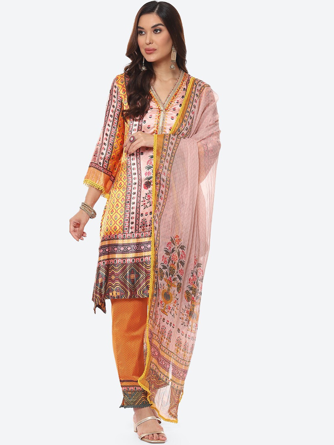 

Biba Women Yellow Floral Printed Kurta with Trousers & With Dupatta