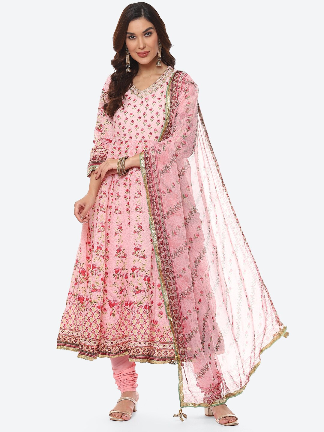 

Biba Women Pink Floral Printed Panelled Gotta Patti Kurta with Churidar & With Dupatta