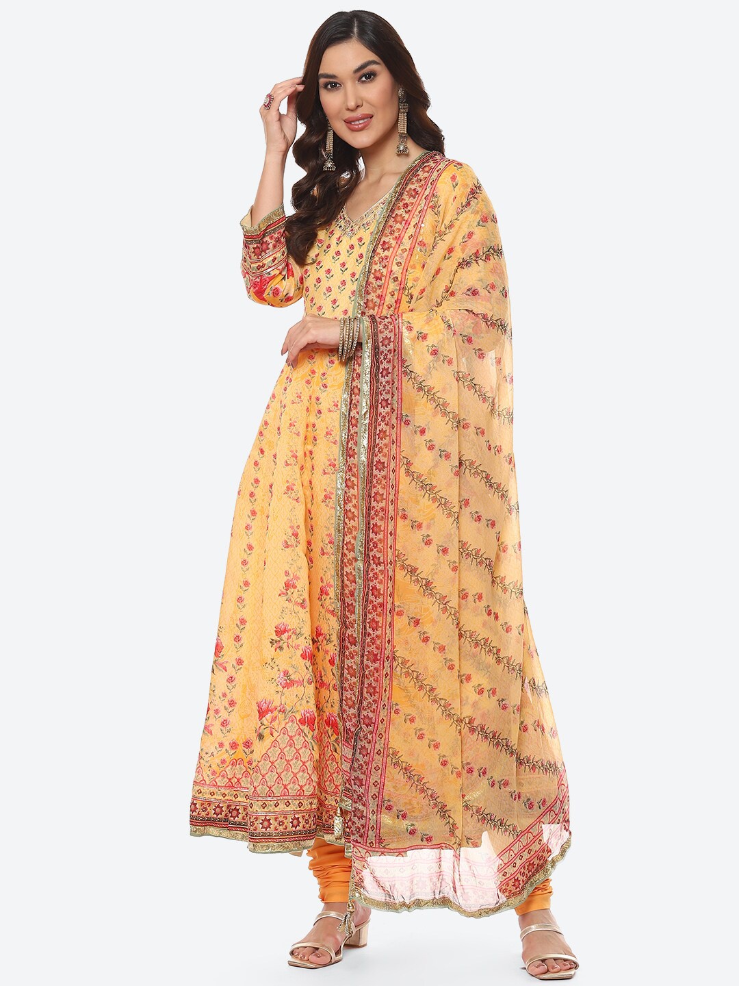 

Biba Women Yellow Floral Printed Panelled Gotta Patti Kurta with Churidar & With Dupatta