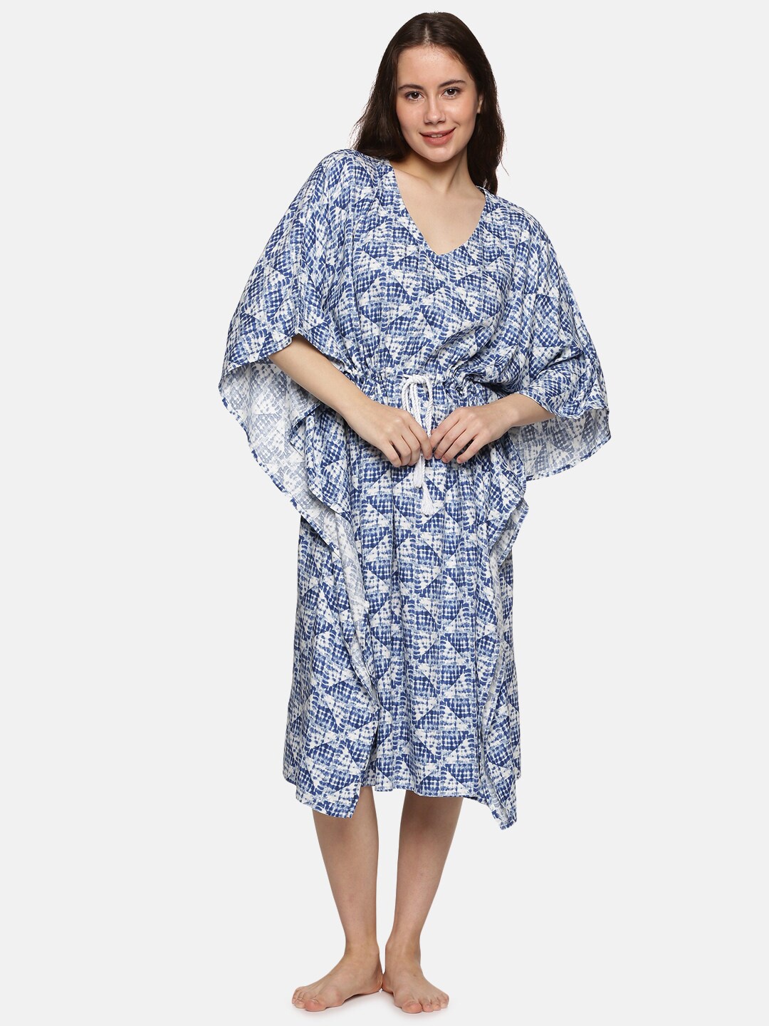 

DON VINO Blue & White Printed Pure Cotton Kaftan Nightdress