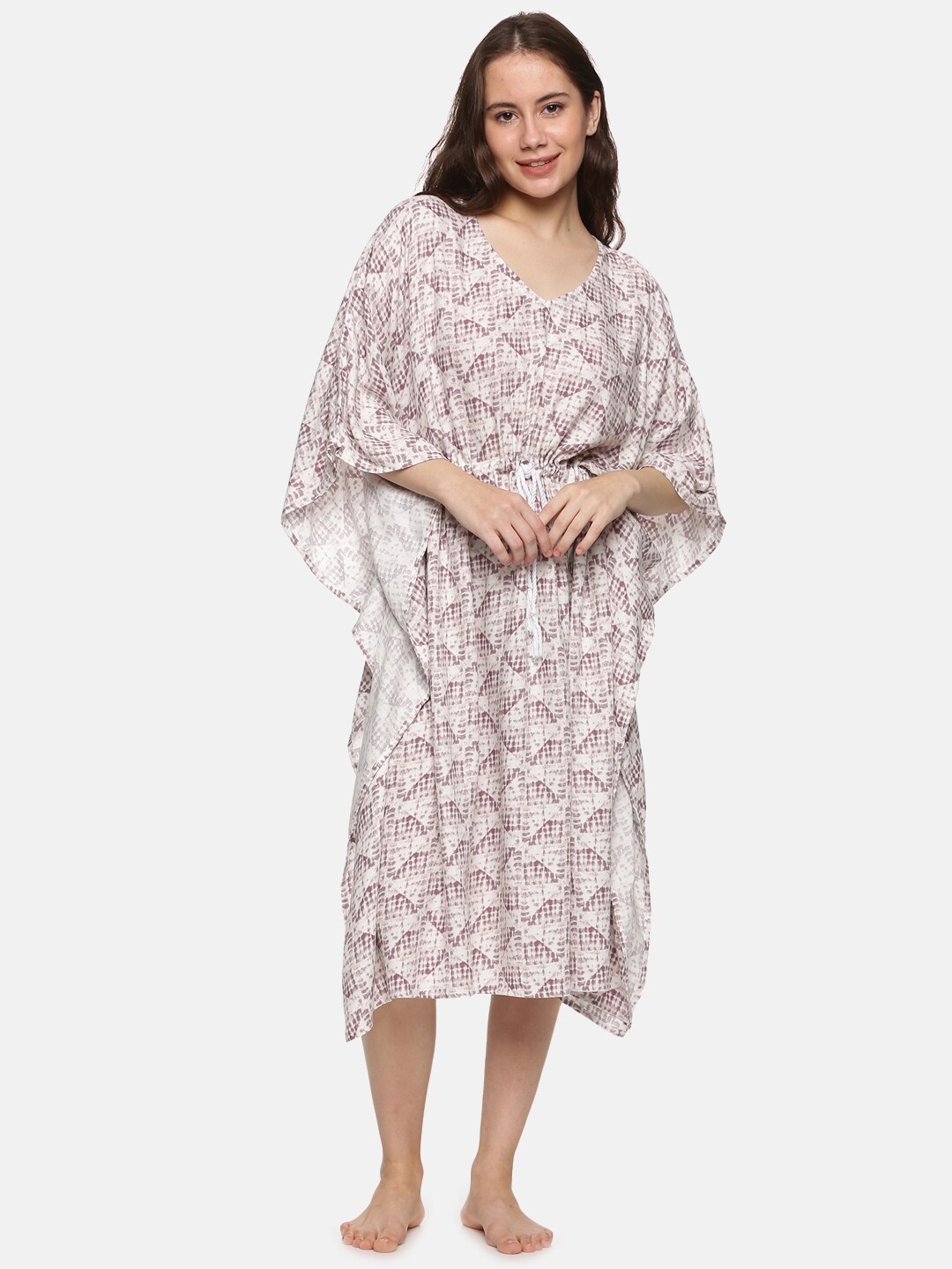 

DON VINO Mauve & White Printed Pure Cotton Kaftan Nightdress