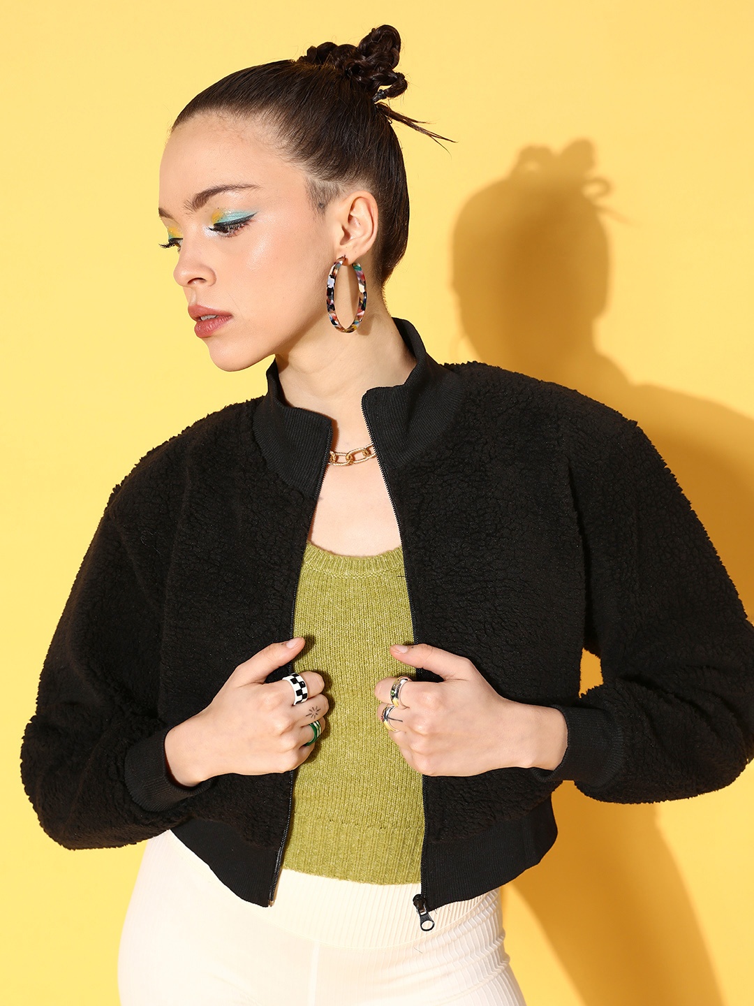 

SASSAFRAS Women Black Solid Faux Fur Crop Bomber Jacket