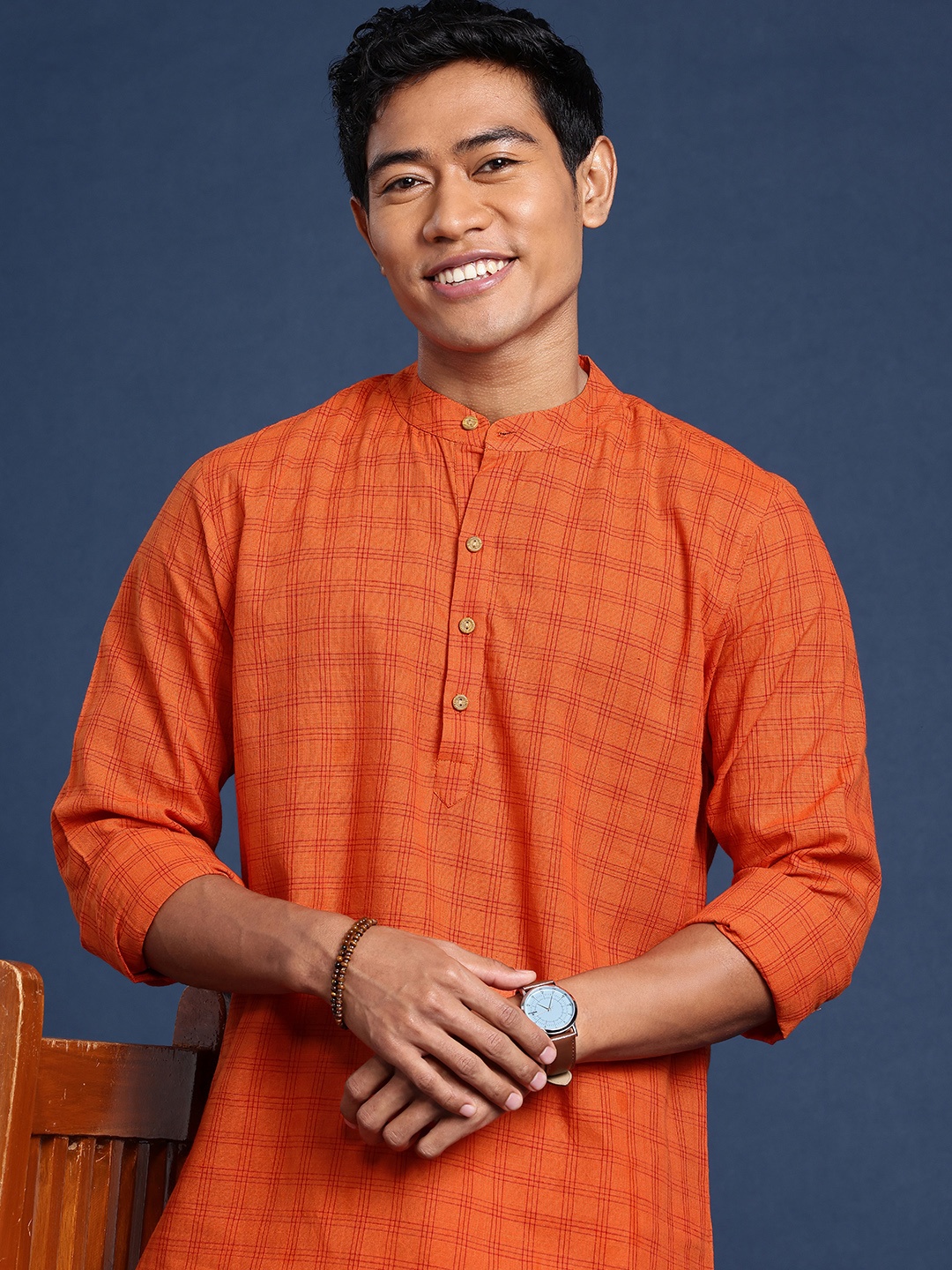 

Taavi Checked Woven Legacy Pure Cotton Kurta, Orange