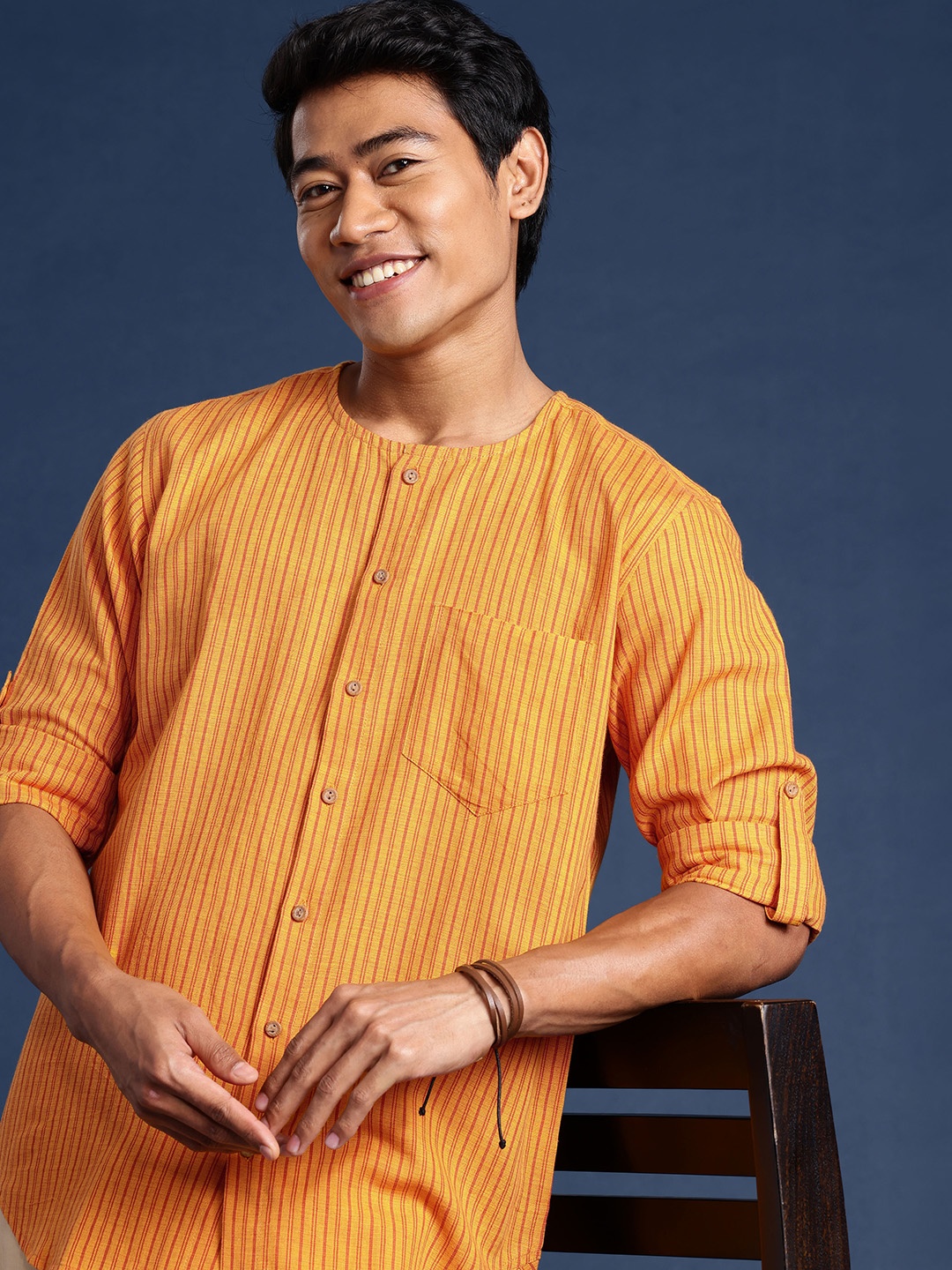 

Taavi Men Woven Legacy Pure Cotton Striped Kurta, Mustard