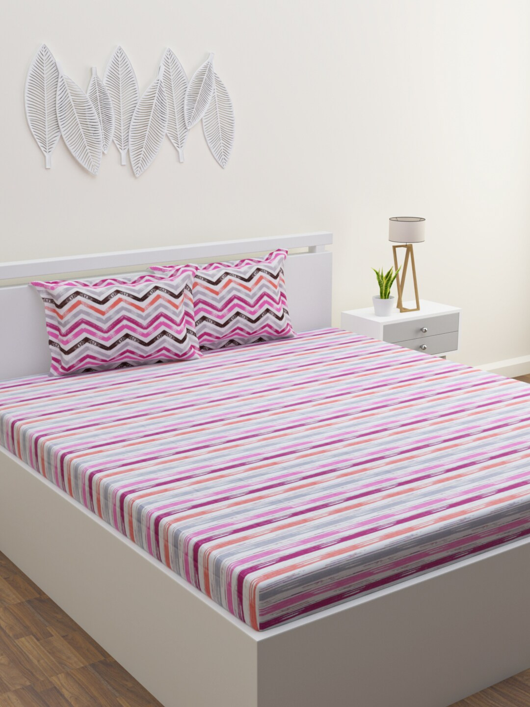 

HOME AFFAIRS White & Pink Striped 144 TC Pure Cotton Queen Bedsheet with 2 Pillow Covers