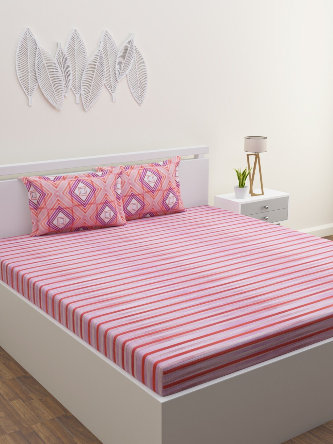 

HOME AFFAIRS Pink & Purple Striped 144 TC Pure Cotton Queen Bedsheet with 2 Pillow Covers