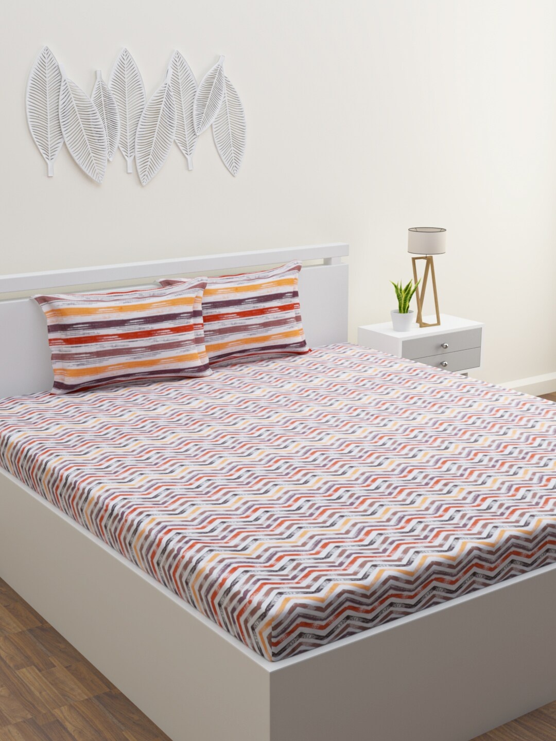 

HOME AFFAIRS White & Orange Geometric 144 TC Pure Cotton Queen Bedsheet & 2 Pillow Covers