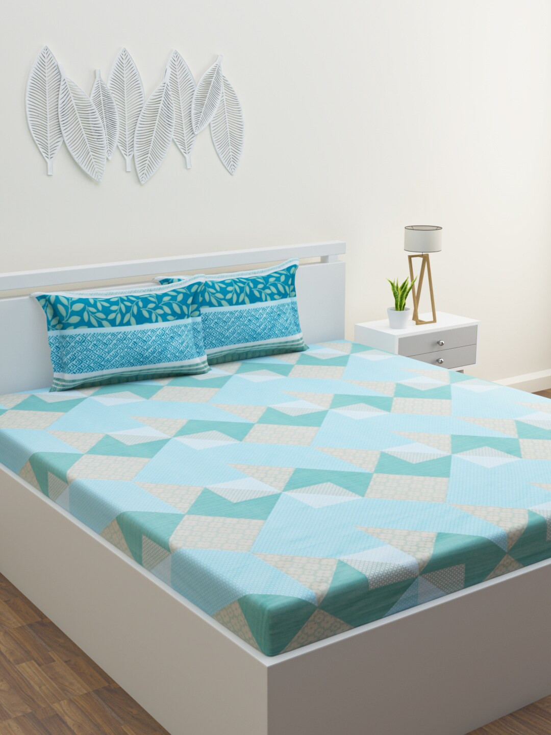 

HOME AFFAIRS Turquoise Blue & Brown 144 TC Pure Cotton Queen Bedsheet &2 Pillow Covers