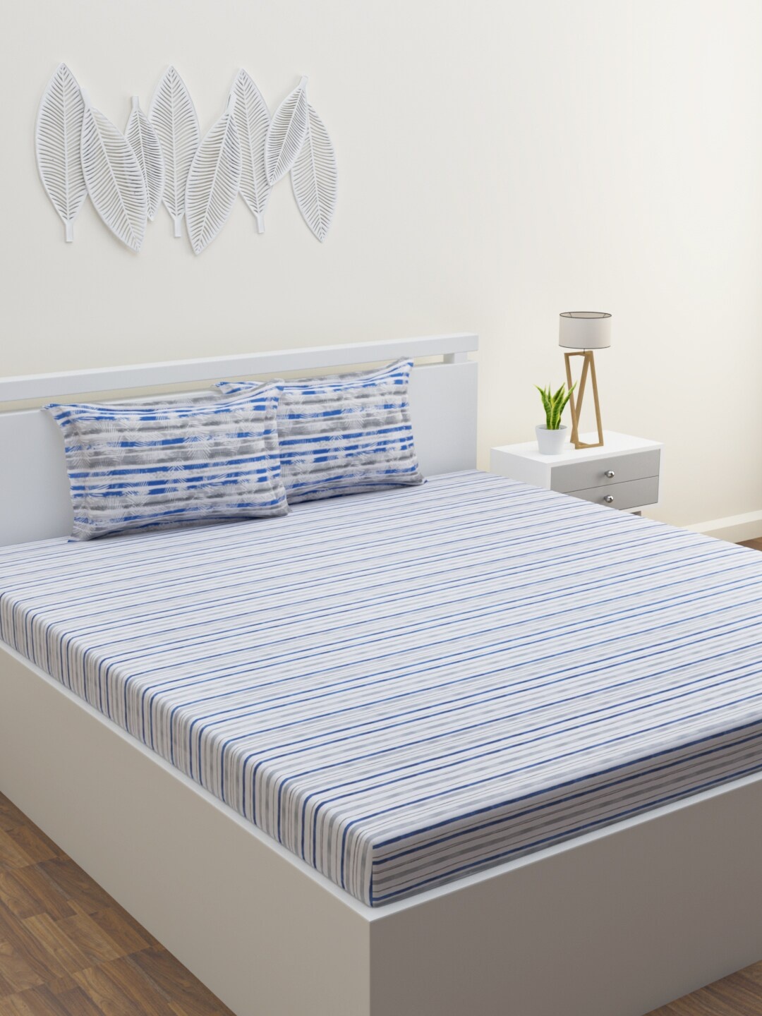 

HOME AFFAIRS White & Blue Striped 144 TC Pure Cotton Queen Bedsheet with 2 Pillow Covers