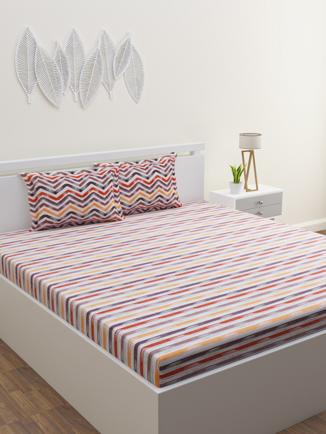 

HOME AFFAIRS White & Yellow Striped 144 TC Pure cotton Queen Bedsheet with 2 Pillow Covers
