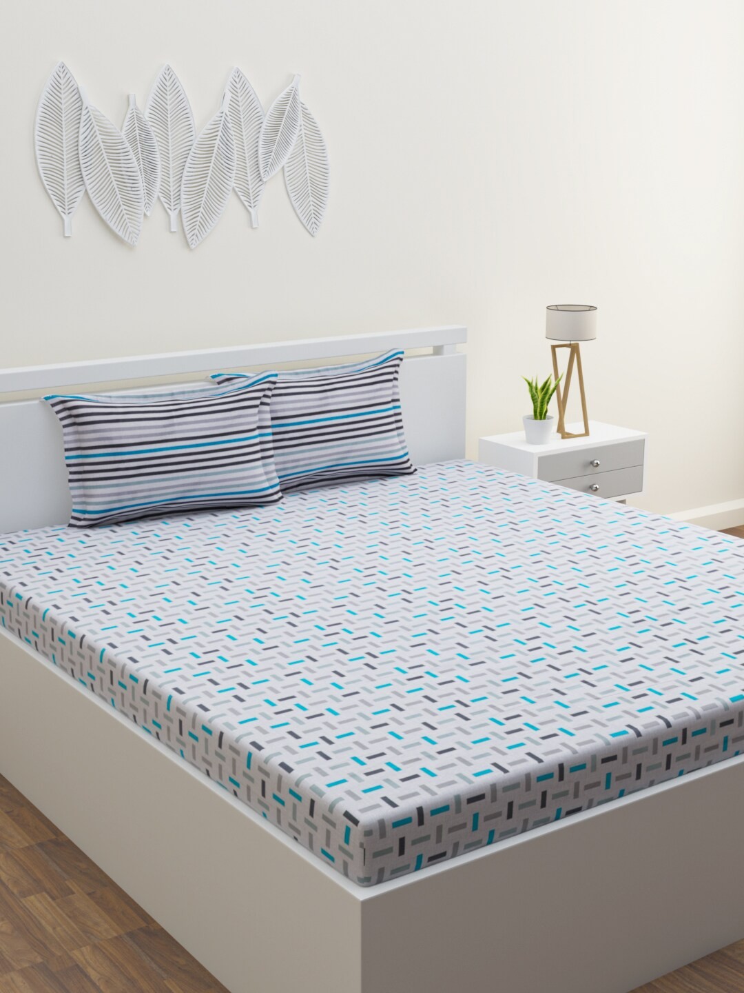 

HOME AFFAIRS Grey & Blue Geometric 144 TC Pure Cotton Queen Bedsheet with 2 Pillow Covers