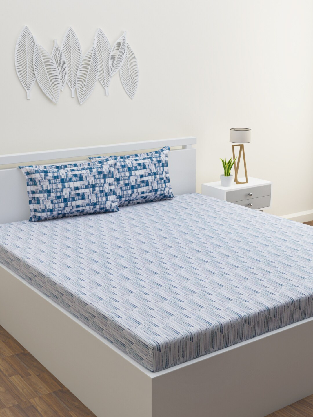 

HOME AFFAIRS White & Blue Geometric 144 TC Pure Cotton Queen Bedsheet with 2 Pillow Covers