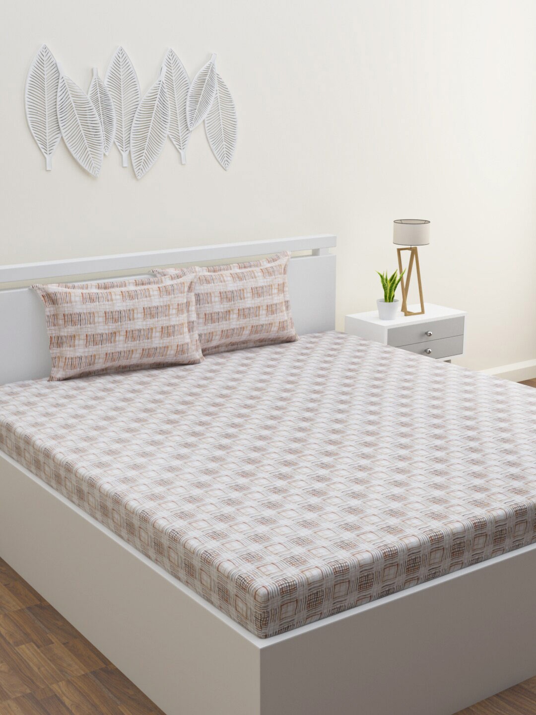 

HOME AFFAIRS White & Coffee Brown 144 TC Pure Cotton Queen Bedsheet &2 Pillow Covers
