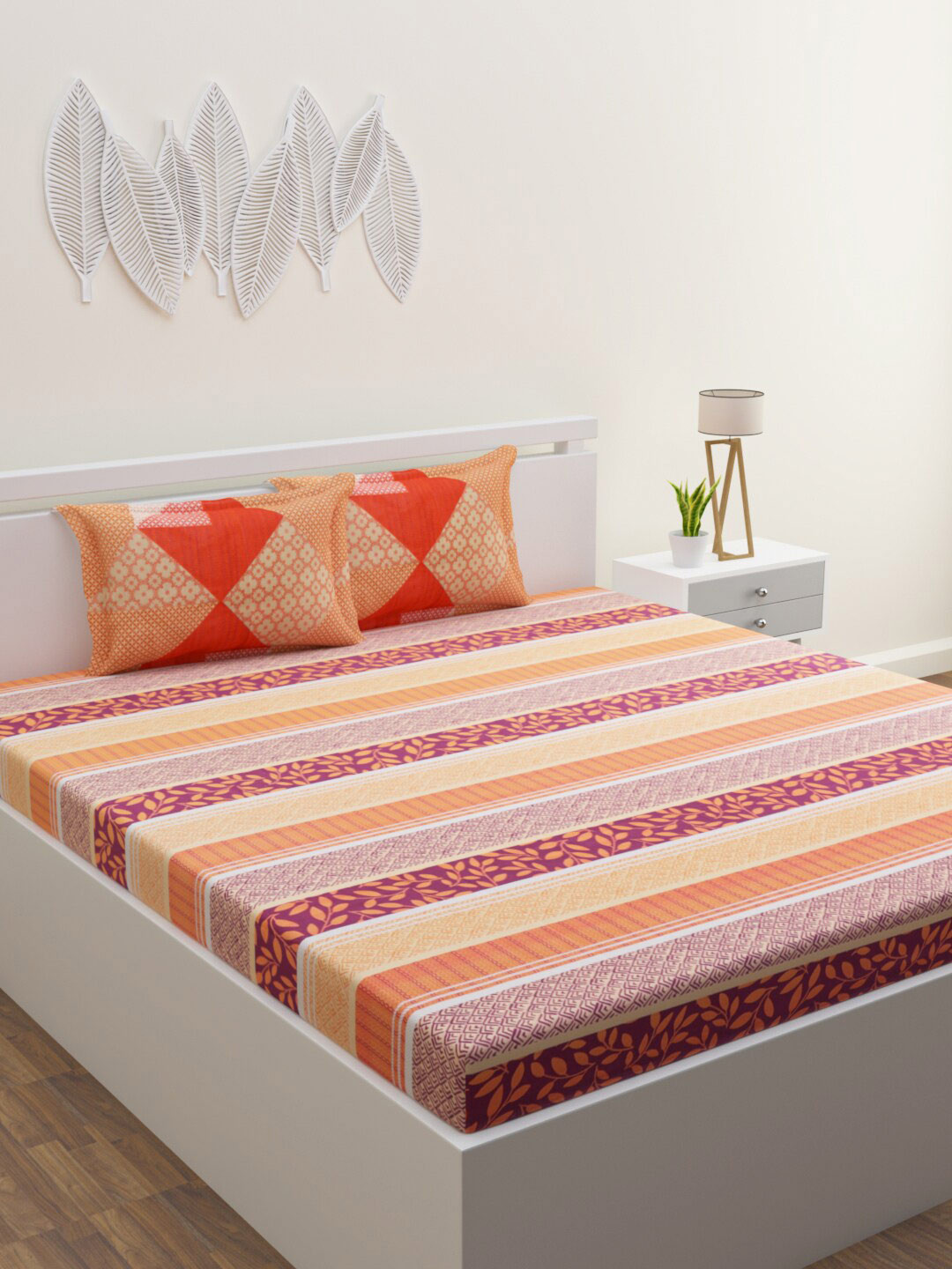 

HOME AFFAIRS Orange & Purple Floral 144 TC Pure Cotton Queen Bedsheet with 2 Pillow Covers