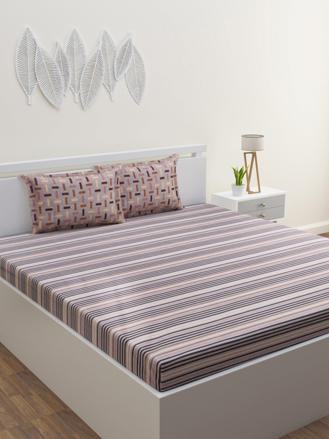 

HOME AFFAIRS Grey & Pink Striped 144 TC Cotton Queen Bedsheet with 2 Pillow Covers