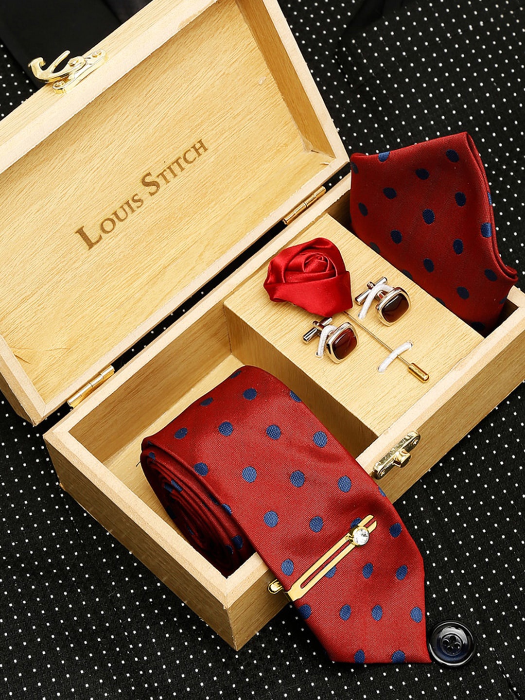 

LOUIS STITCH Men's Italian Silk Necktie Accessory Gift Set, Red