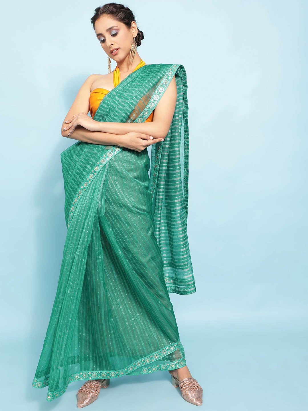 

DUNGRANI Teal Embellished Sequinned Organza Saree