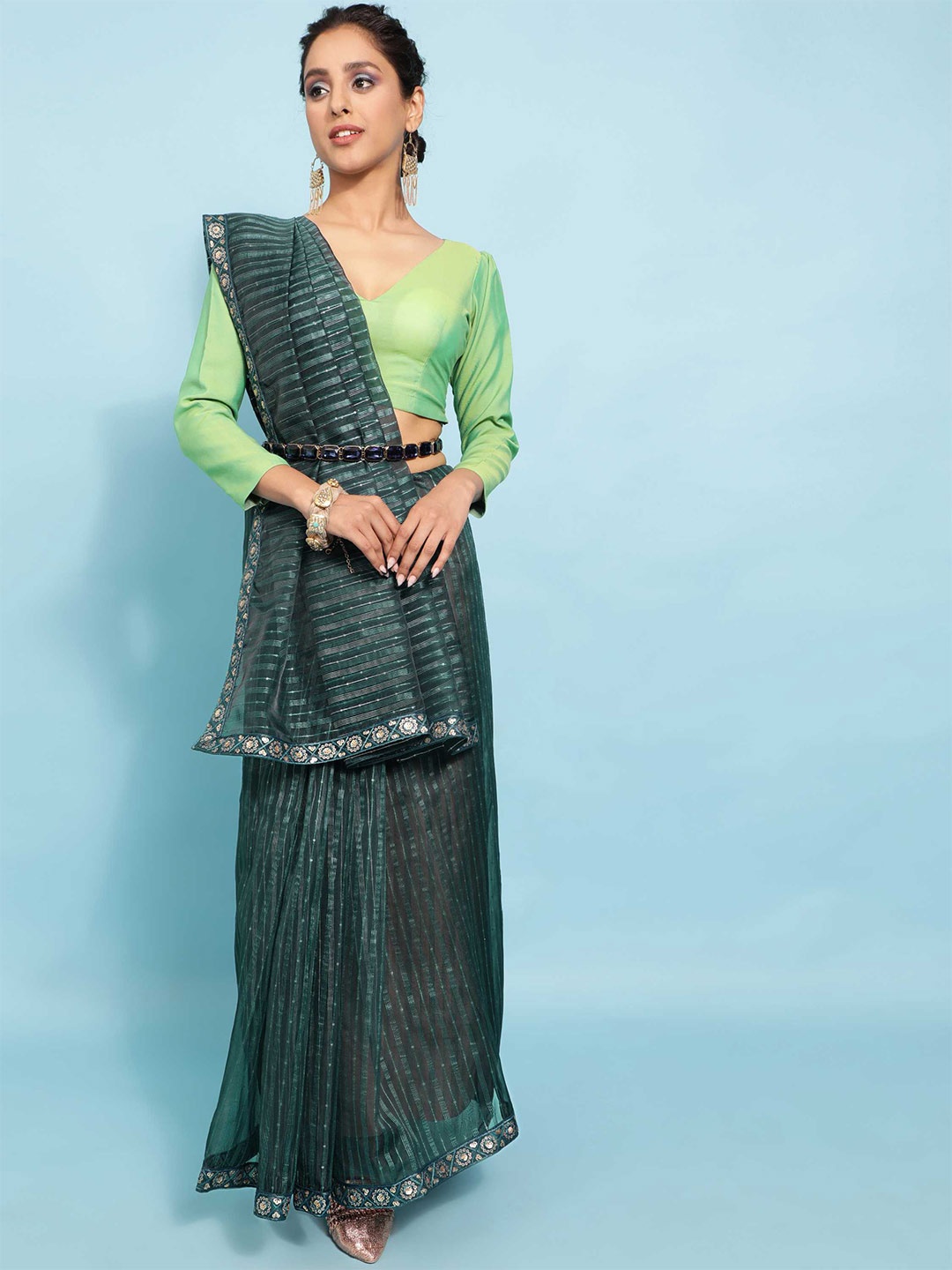 

DUNGRANI Turquoise Blue & Silver-Toned Striped Sequinned Organza Saree