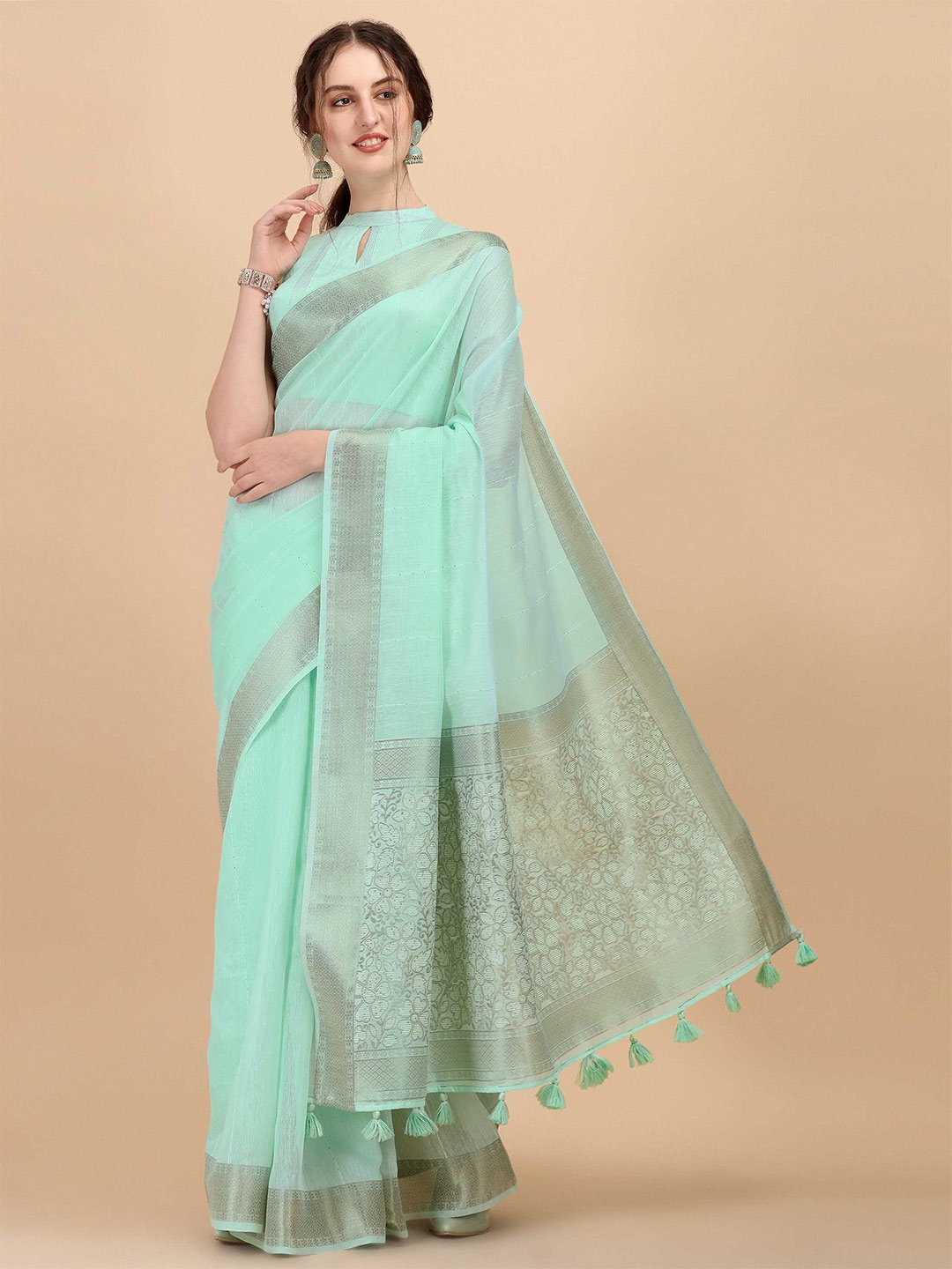 

DUNGRANI Turquoise Blue & Gold-Toned Striped Zari Silk Cotton Saree