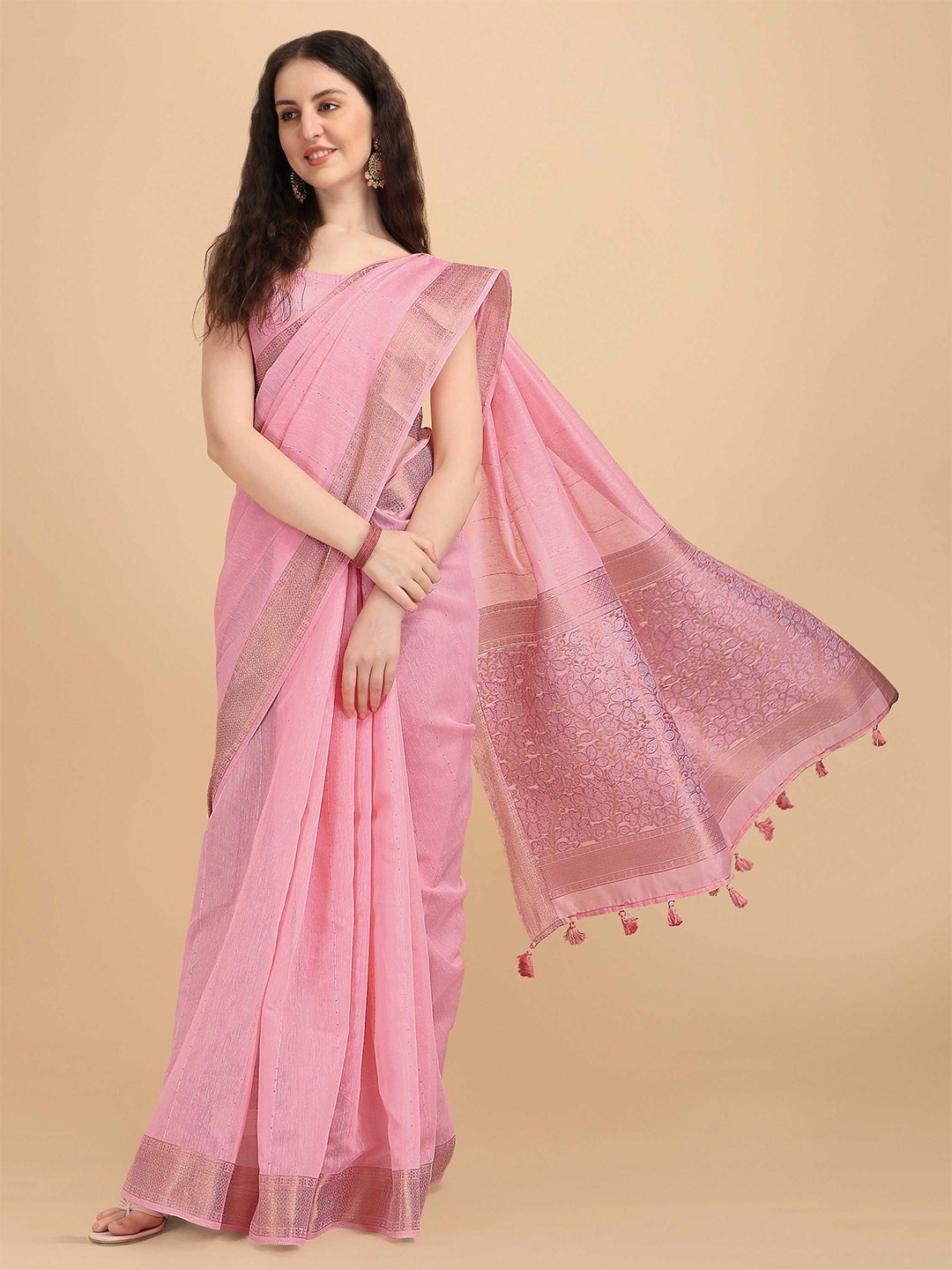 

DUNGRANI Pink & Grey Striped Sequinned Silk Cotton Saree