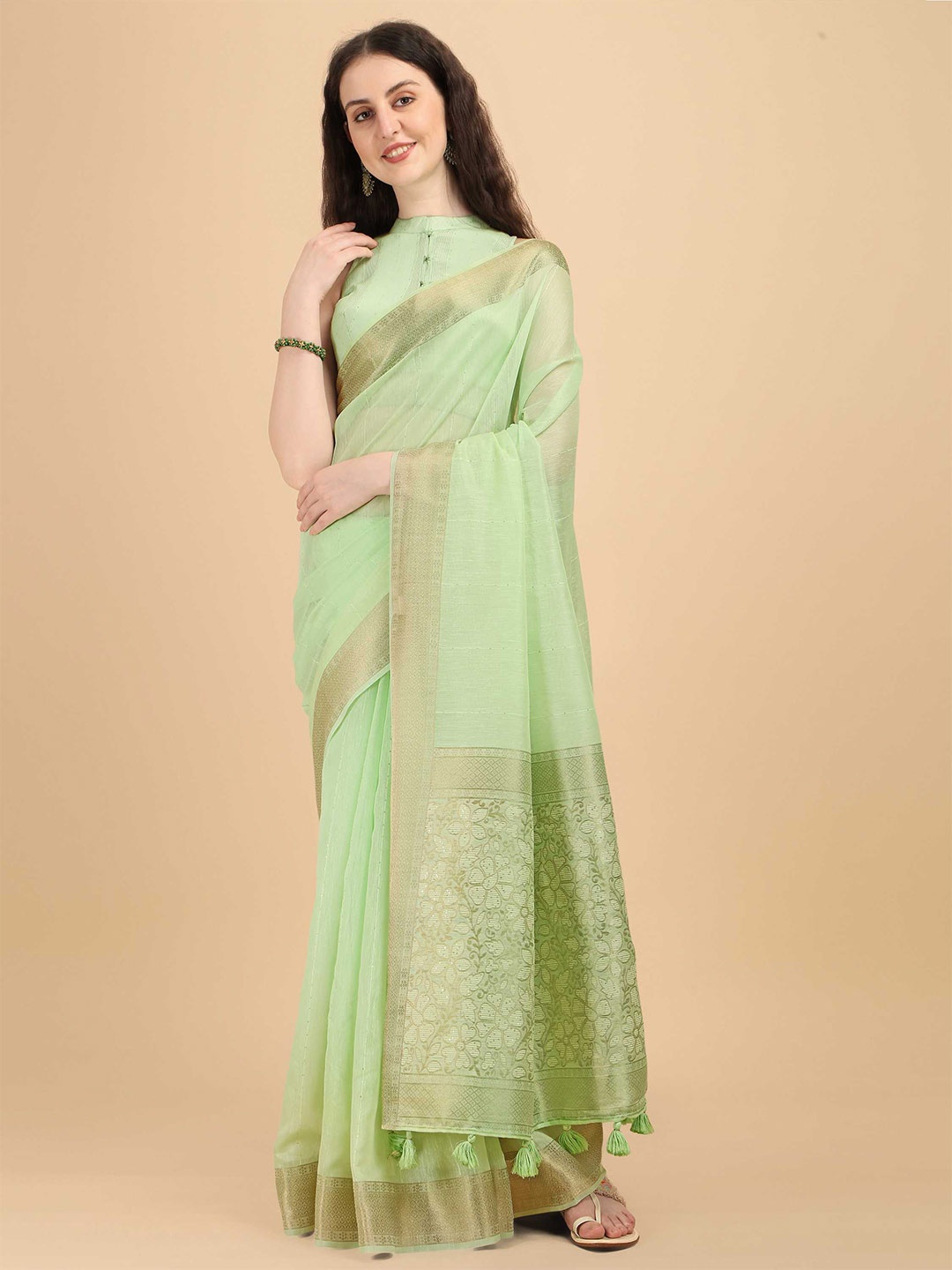 

DUNGRANI Sea Green & Gold-Toned Striped Sequinned Silk Cotton Saree