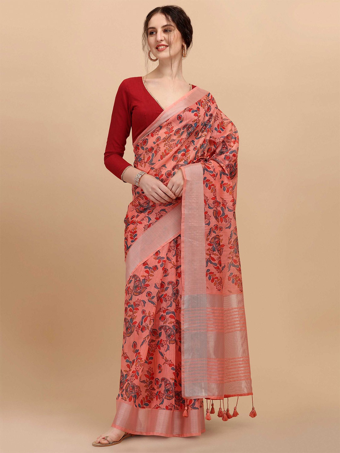 

DUNGRANI Peach-Coloured & Blue Kalamkari Zari Linen Blend Saree
